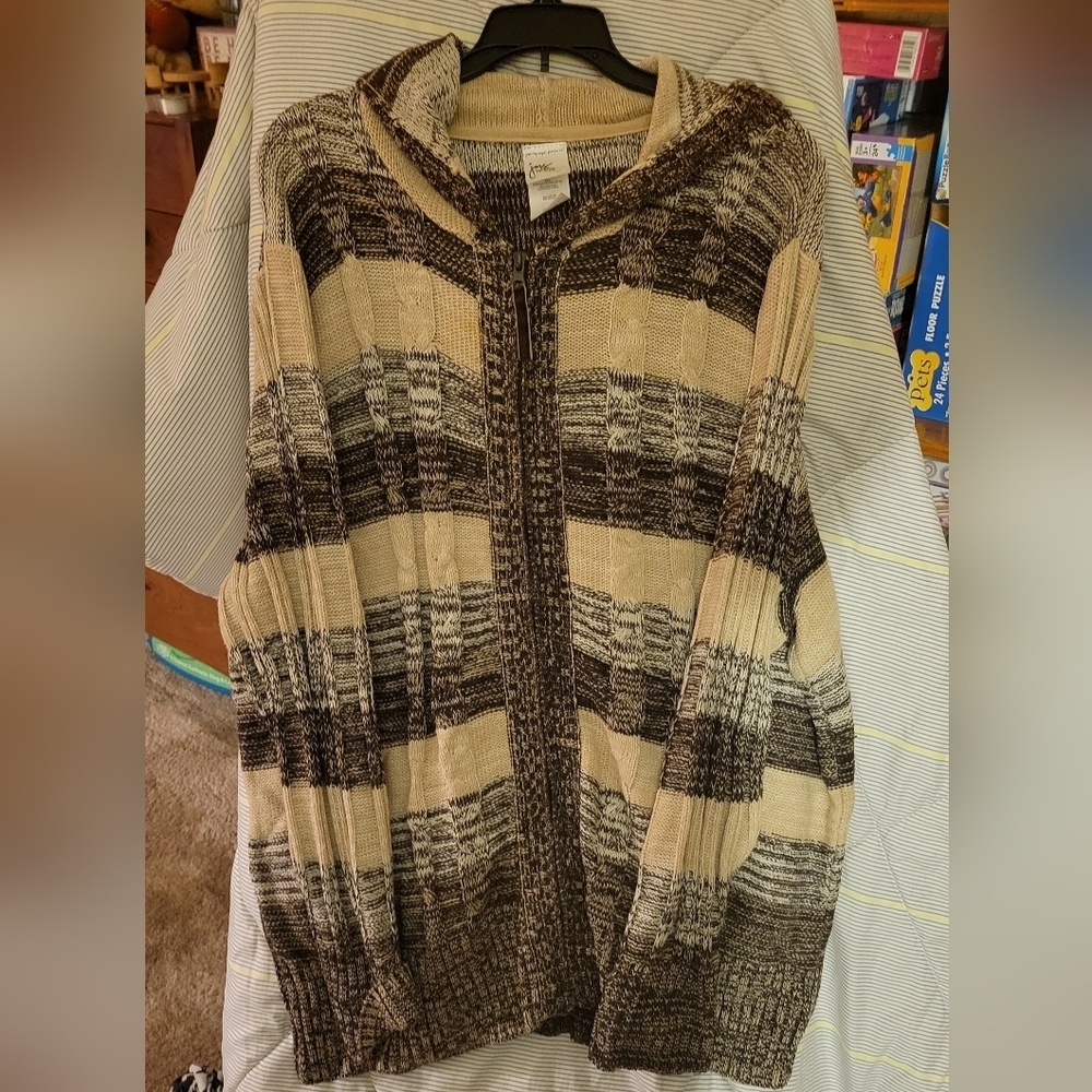 JMS Just My Size 3X Hoodie Sweater Zip Up Front Brown & Beige Long Sleeve